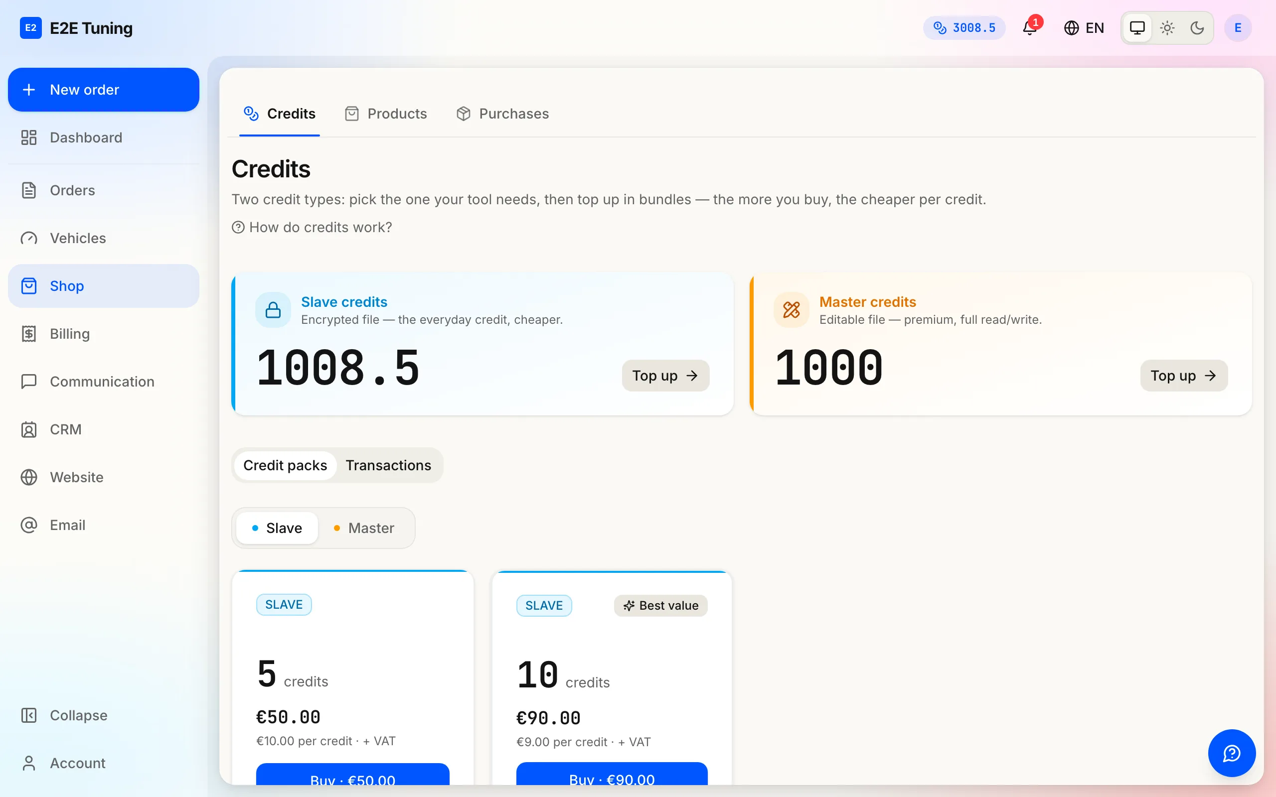 The Credits page where a dealer buys a credit bundle before ordering.