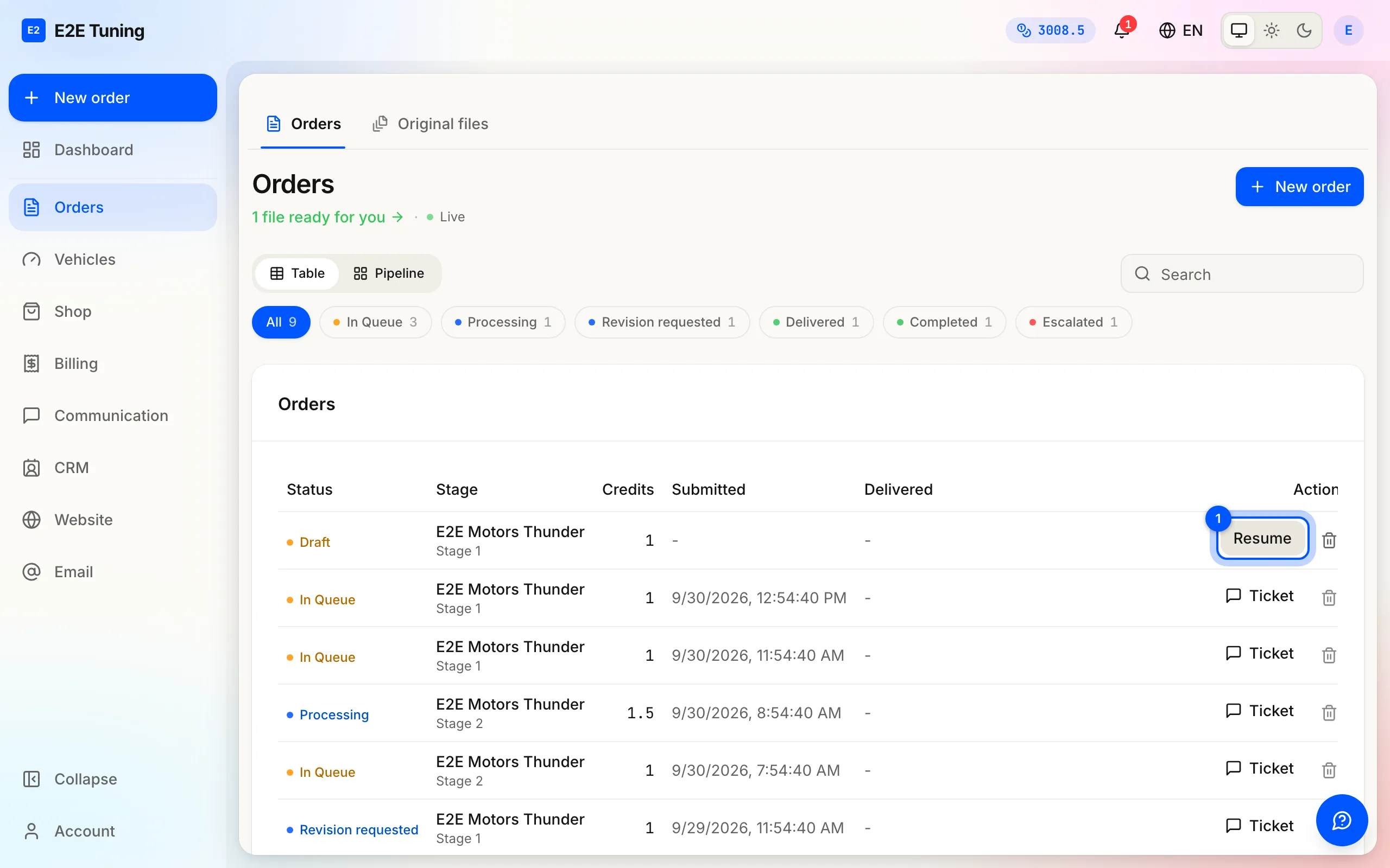 An unfinished order sits on the Orders page as a draft, with a Resume button to pick it back up.