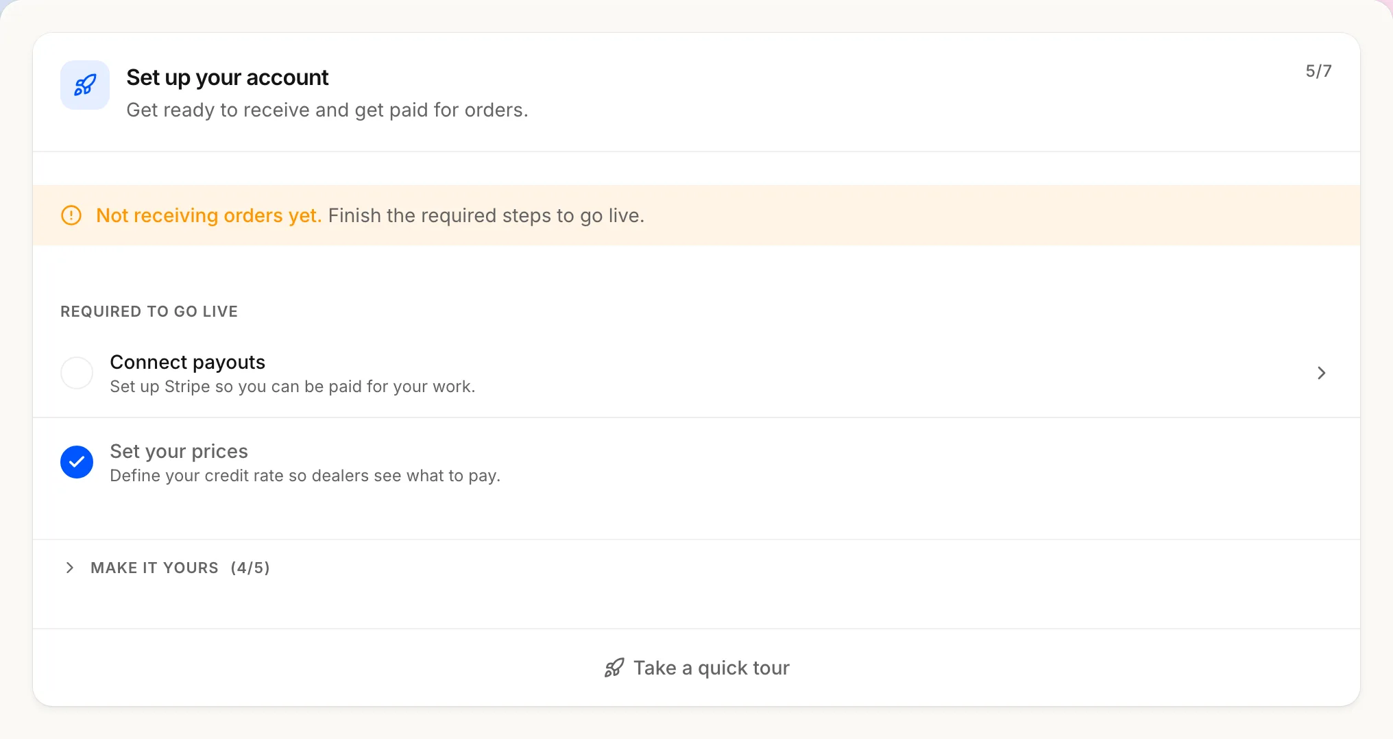The back-office overview with the go-live checklist and its required steps.