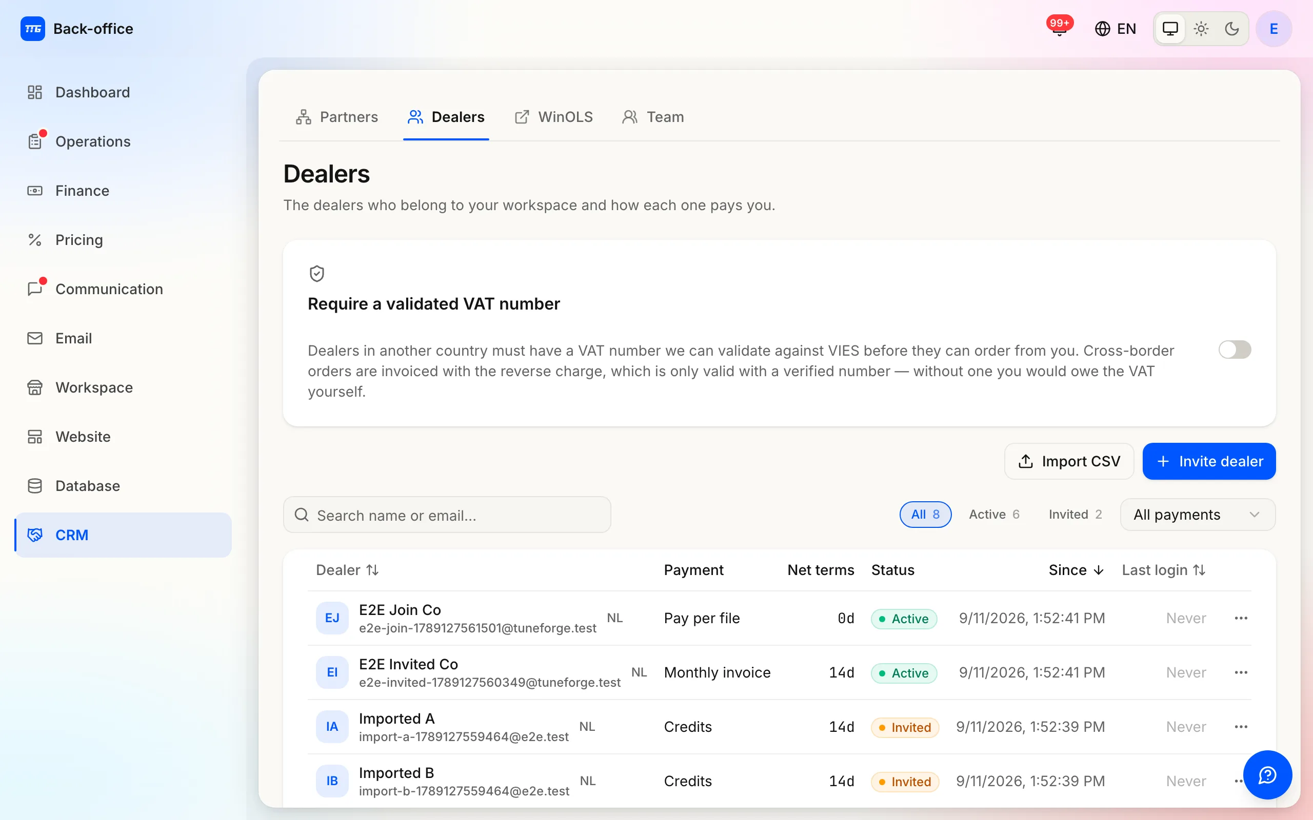 The Dealers page with the action to invite a dealer to the workspace.