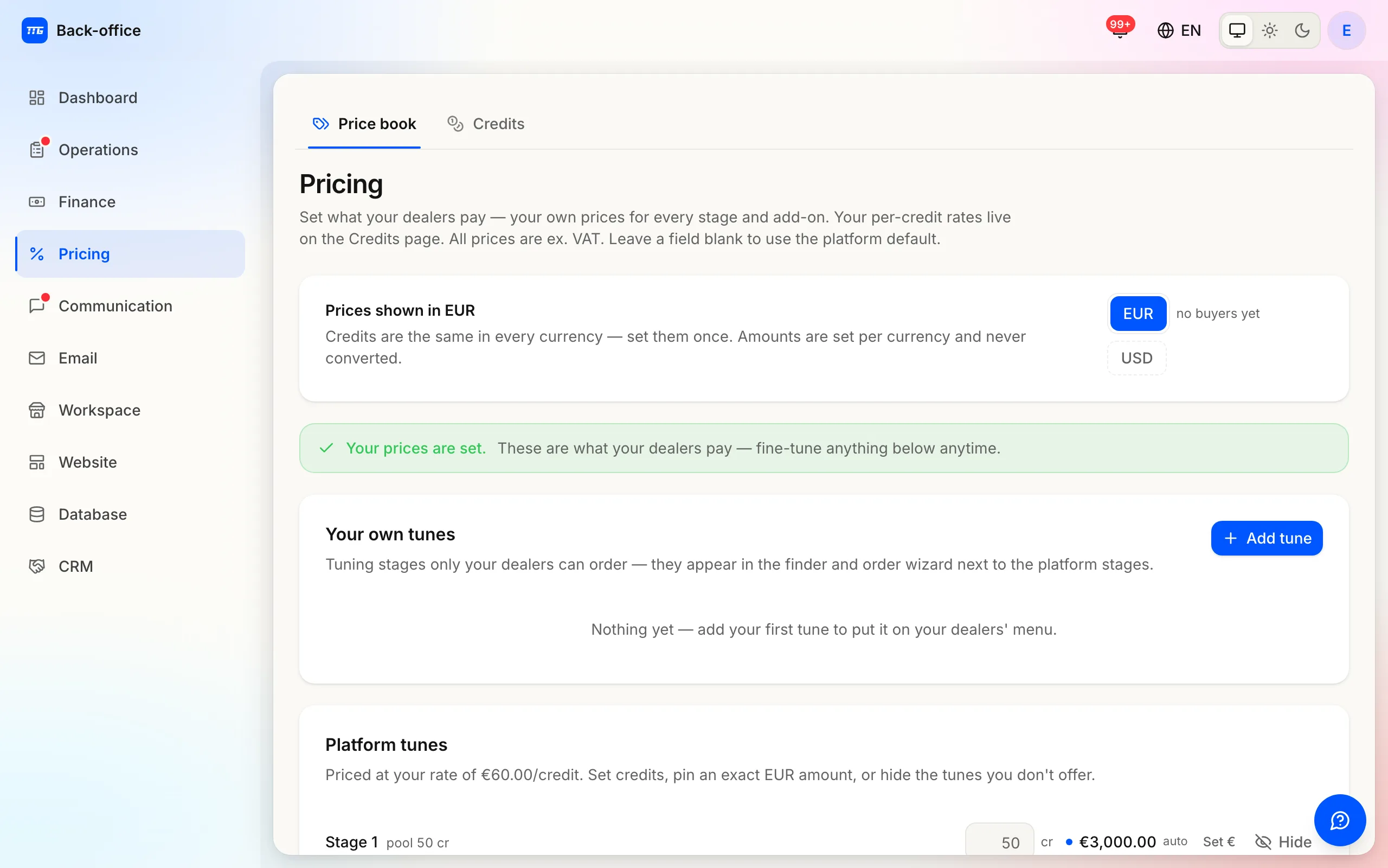 The Pricing page where credit rates and per-stage prices are set.