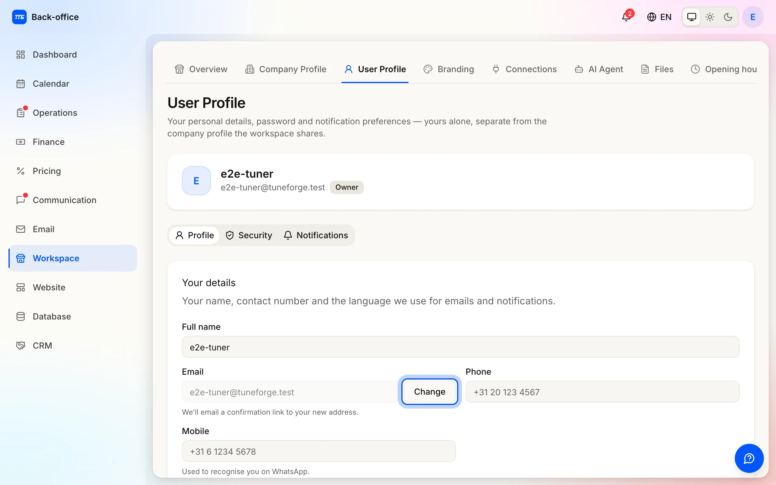 The User Profile page: the owner strip, the Profile, Security and Notifications tabs, and Your details with the read-only email and its Change button.
